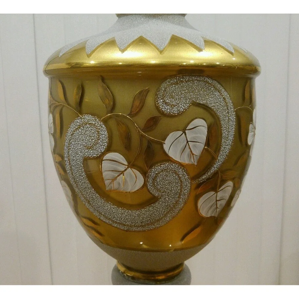 Vintage Gold Colored Glass Floral Pattern Table Lamp Square Brass Base Germany